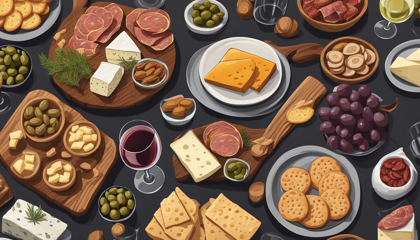 A rustic wooden table set with a variety of savory snacks, including cheeses, cured meats, and olives, alongside a selection of regional wines in elegant glasses