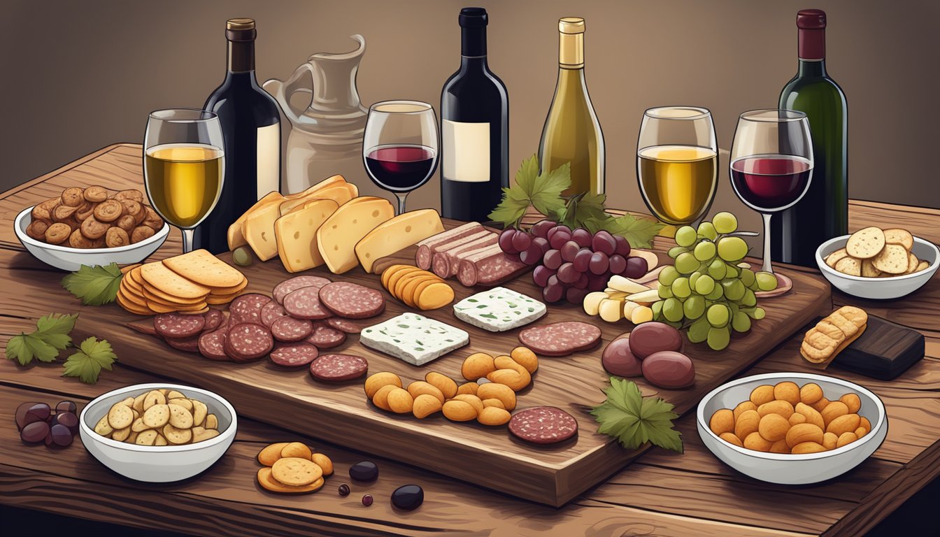 A charcuterie board with assorted savory snacks and a selection of wine bottles displayed on a rustic wooden table