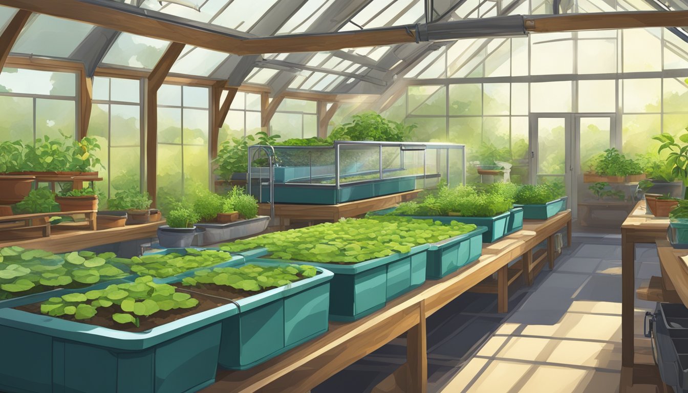 A thriving aquaponics system with fish tanks, plant beds, and a water pump in a sunlit greenhouse