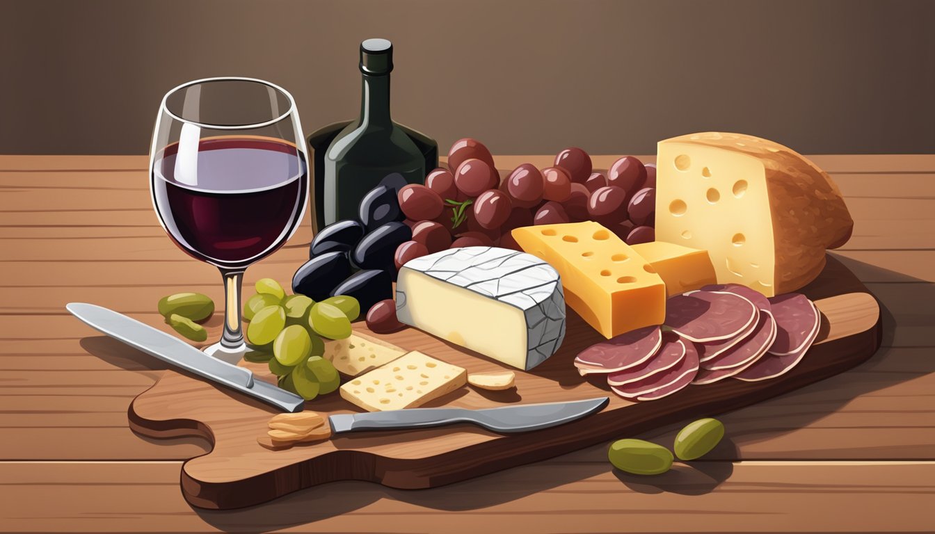 A wine glass filled with red wine sits next to a wooden board holding an assortment of savory snacks like cheese, olives, and cured meats