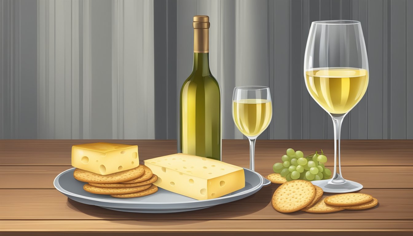 A glass of white wine next to a plate of mild cheese and crackers on a wooden table