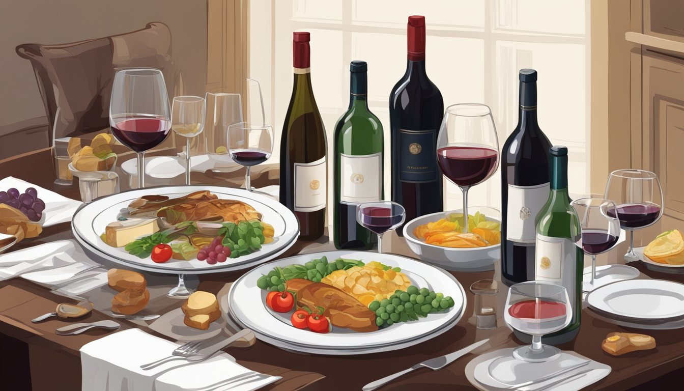 A table set with a variety of mild dishes, surrounded by bottles of white and red wine. A sommelier stands nearby, offering advice