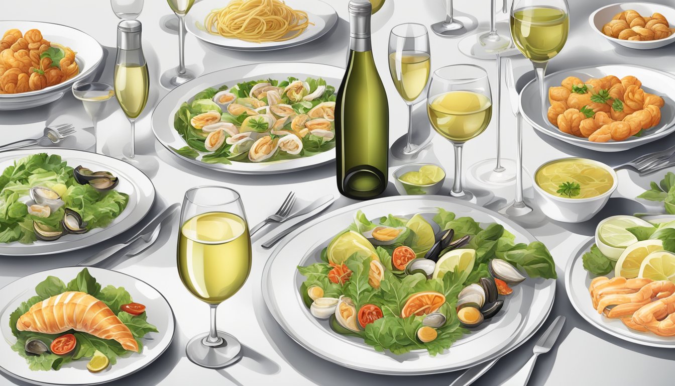 A table set with a variety of white wines, alongside a spread of lunch dishes such as salads, seafood, and light pastas