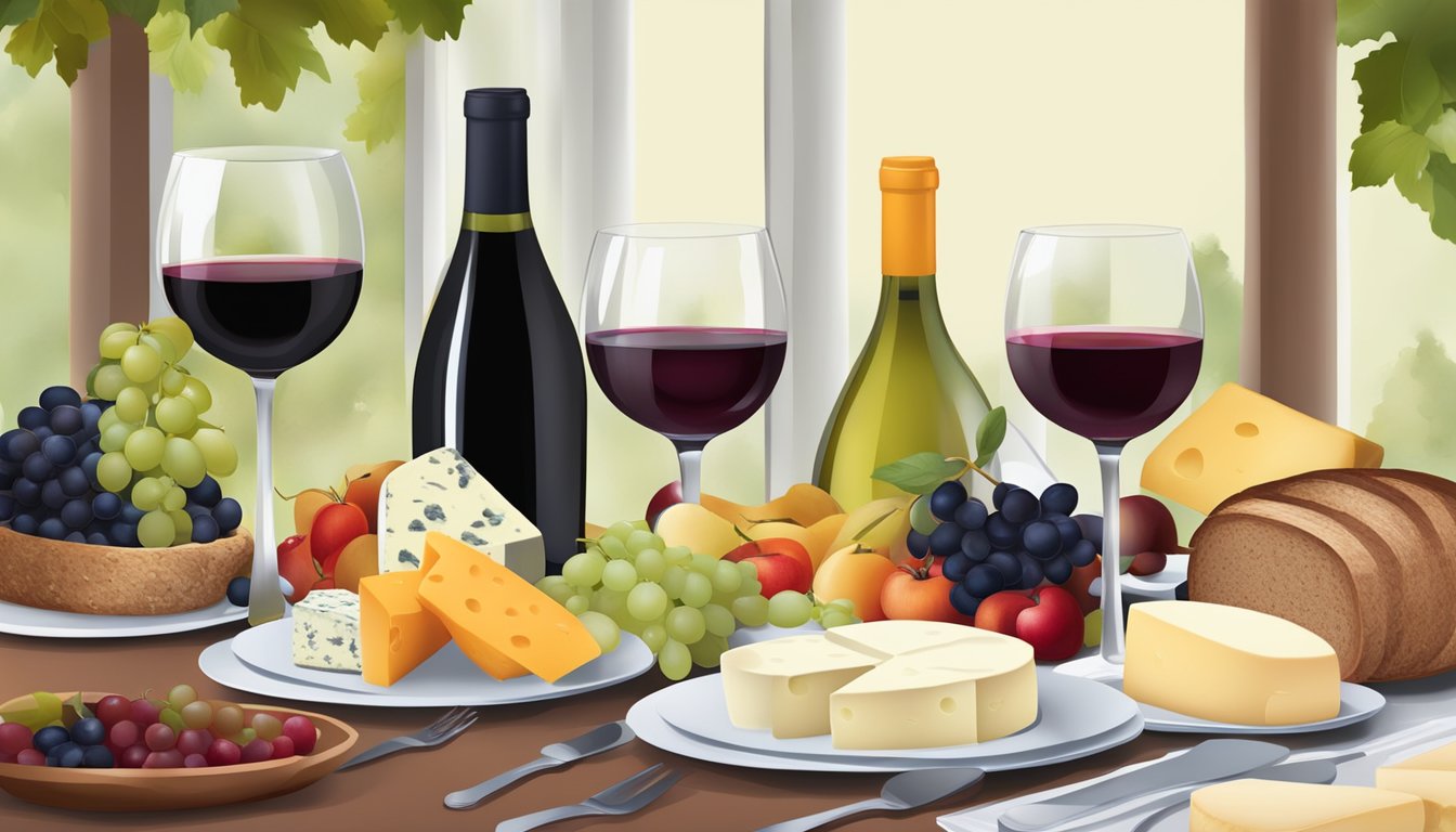 A table set for lunch with a variety of red wines, accompanied by a spread of cheeses, fruits, and bread