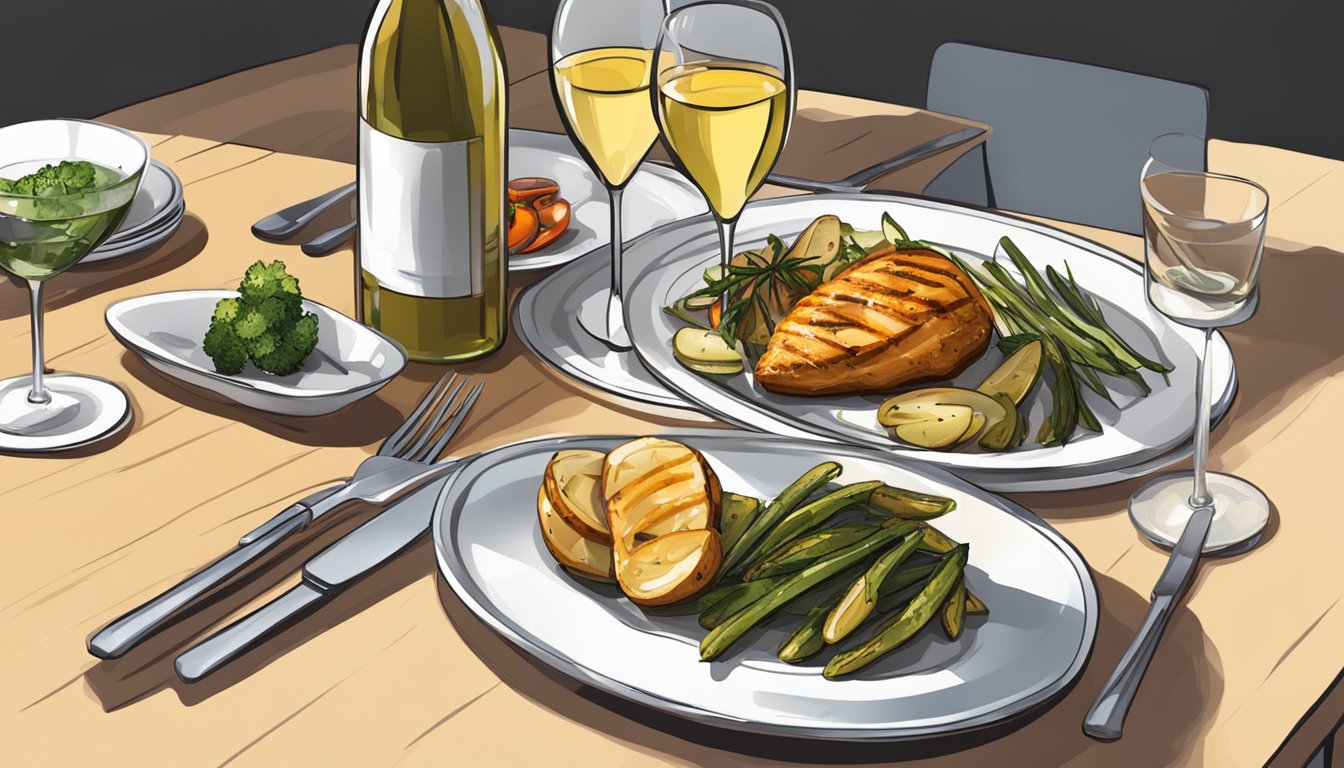 A table set with a grilled chicken breast, a glass of white wine, and a side of roasted vegetables