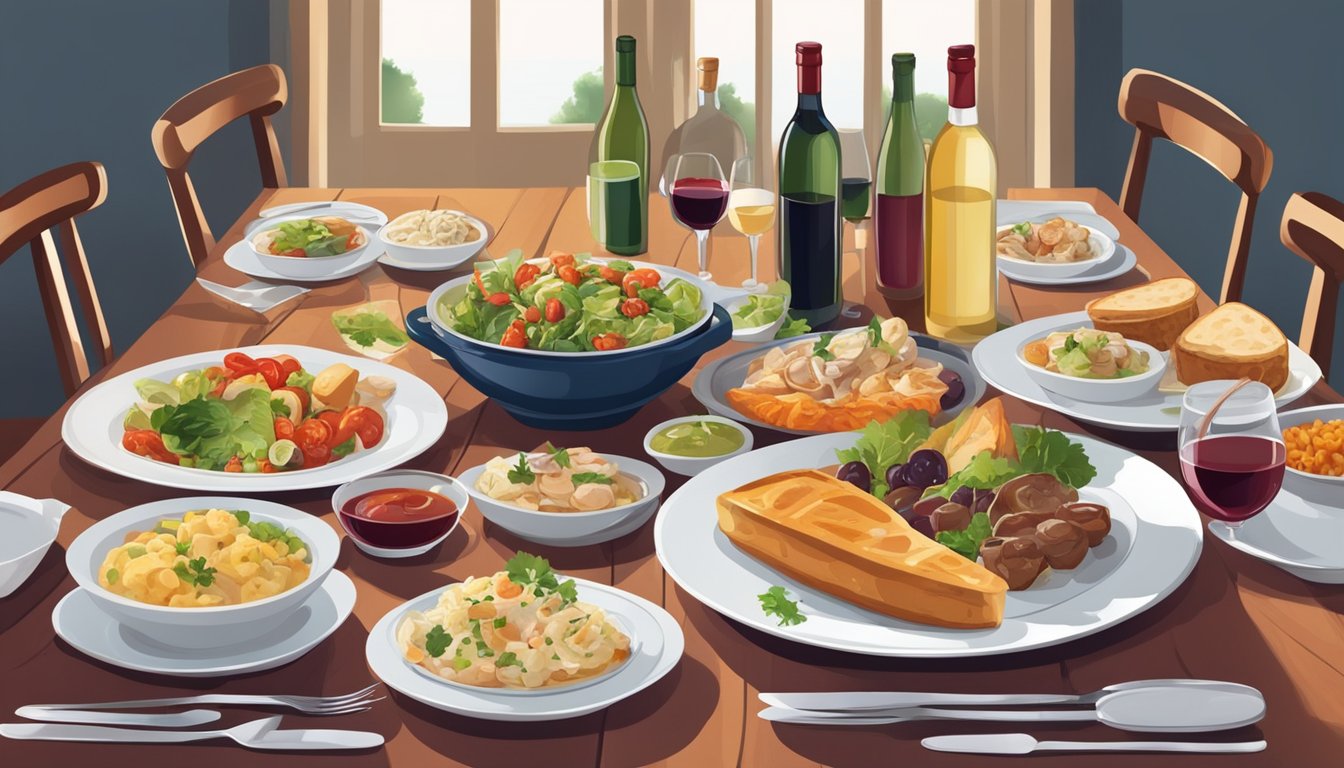 A table set with a variety of hearty lunch dishes, surrounded by bottles of red and white wine