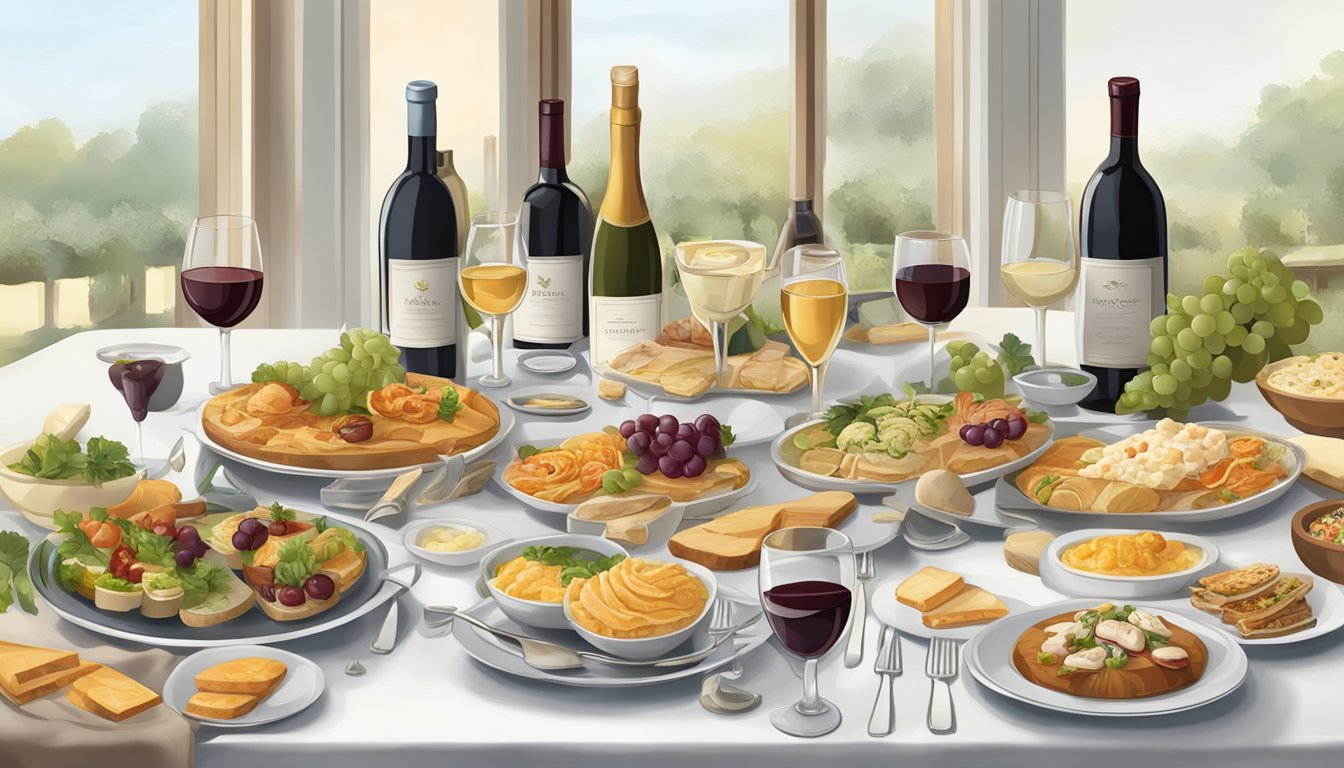 A table set with an assortment of unique lunch pairings, including various wines and food items arranged in an elegant display