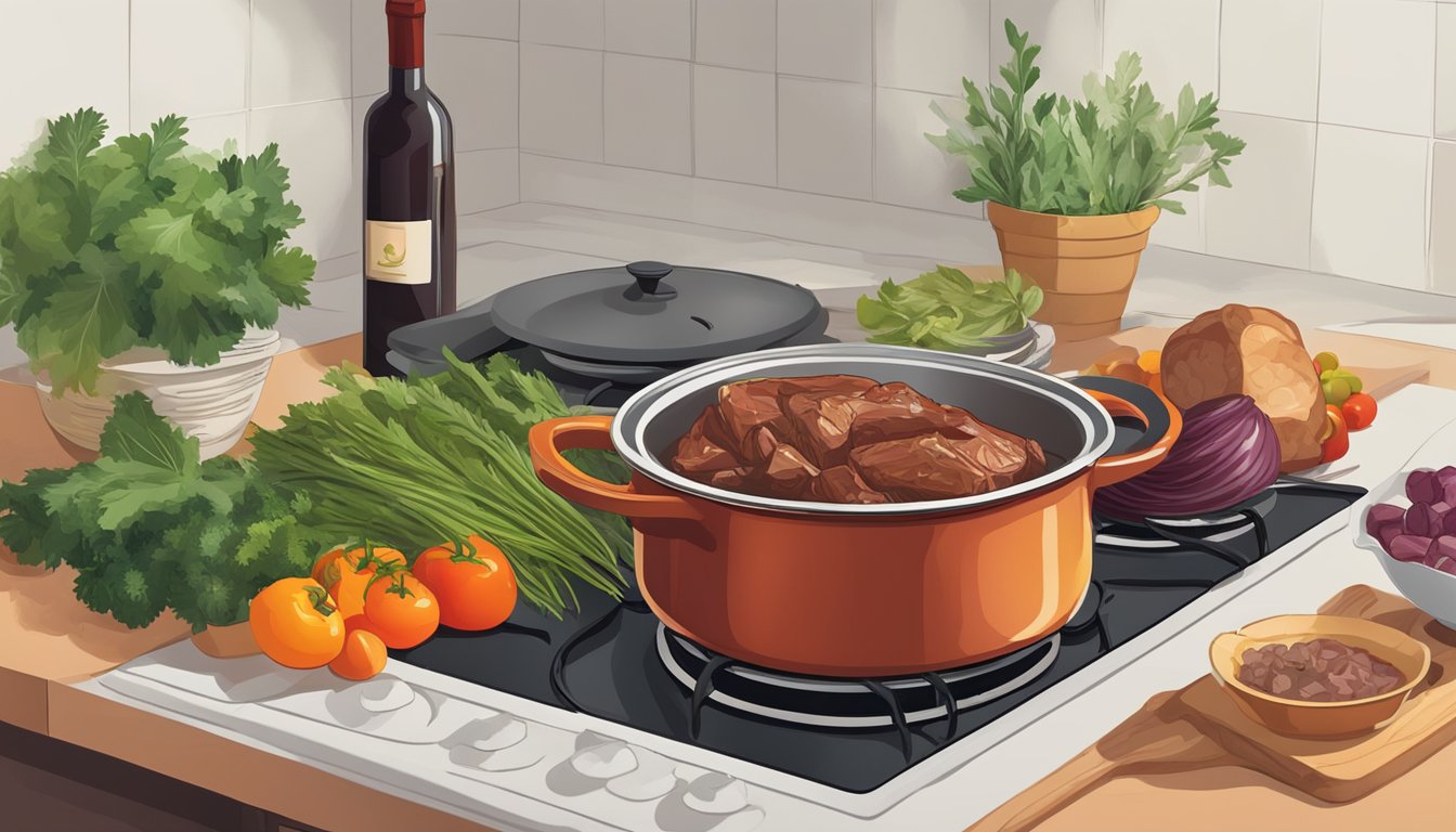 A pot of braised meat simmering on a stovetop, surrounded by aromatic herbs and vegetables. A bottle of red wine sits nearby, ready to be poured into the dish