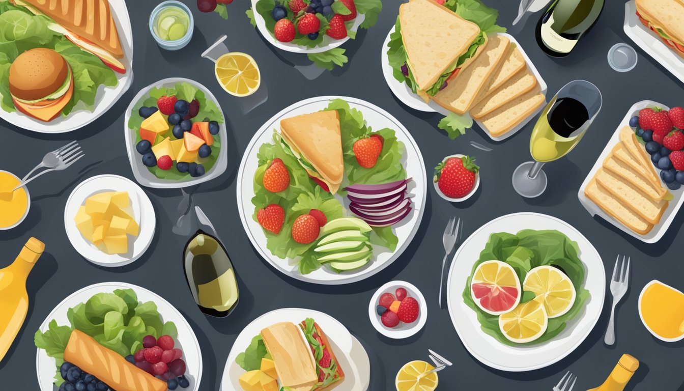 A table set with a variety of lunch foods such as sandwiches, salads, and fruits, with different bottles of wine next to each dish