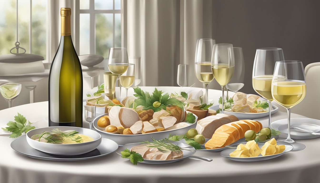 A table set with a platter of assorted white meats and a selection of different white wine varietals in elegant glasses