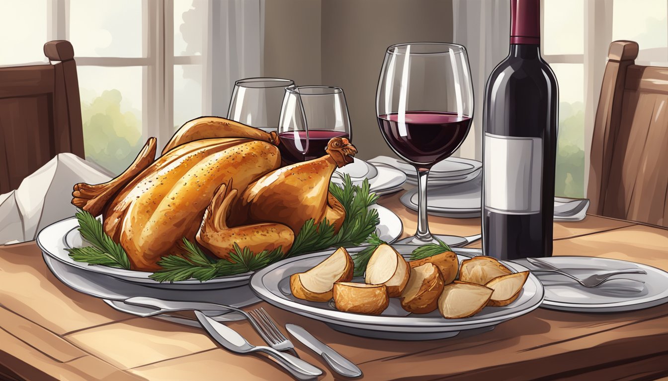 A table set with a roasted chicken, accompanied by a glass of red wine