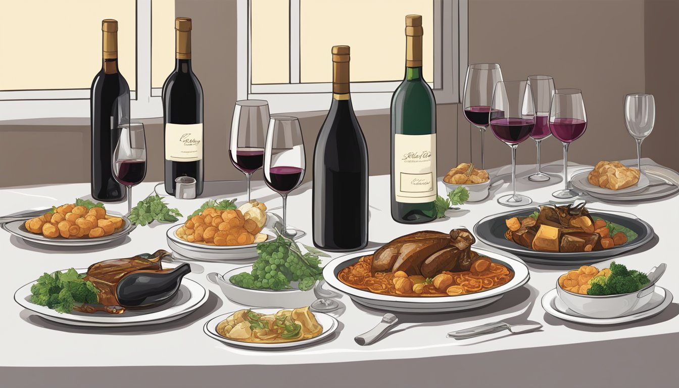 A table set with a rich, braised dish next to a variety of wine bottles, each labeled with their respective characteristics