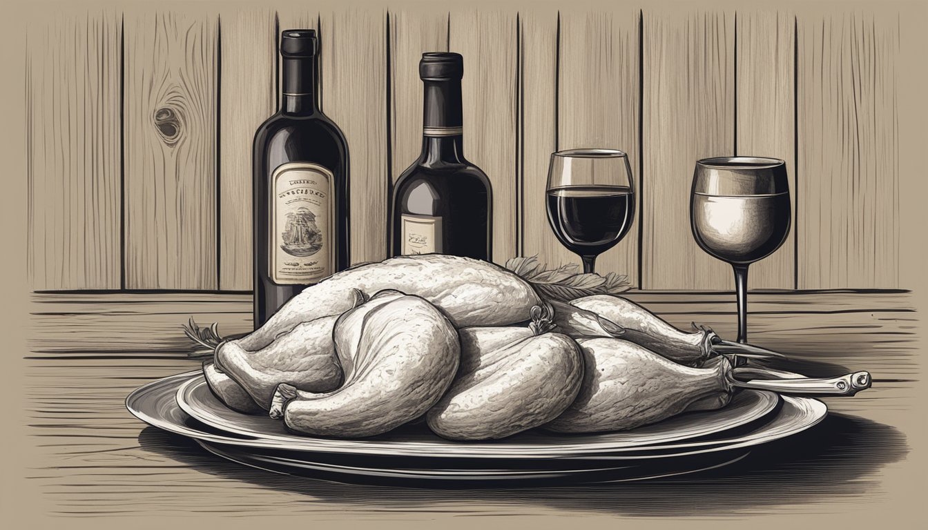 A vintage wine bottle and a platter of white meat on a rustic wooden table