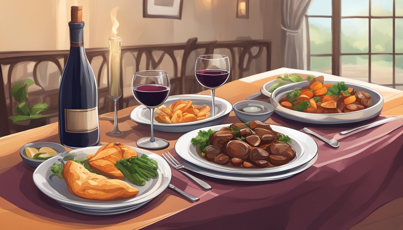 A table set with a steaming braised dish, accompanied by a bottle and glasses of red wine, with a cozy ambiance