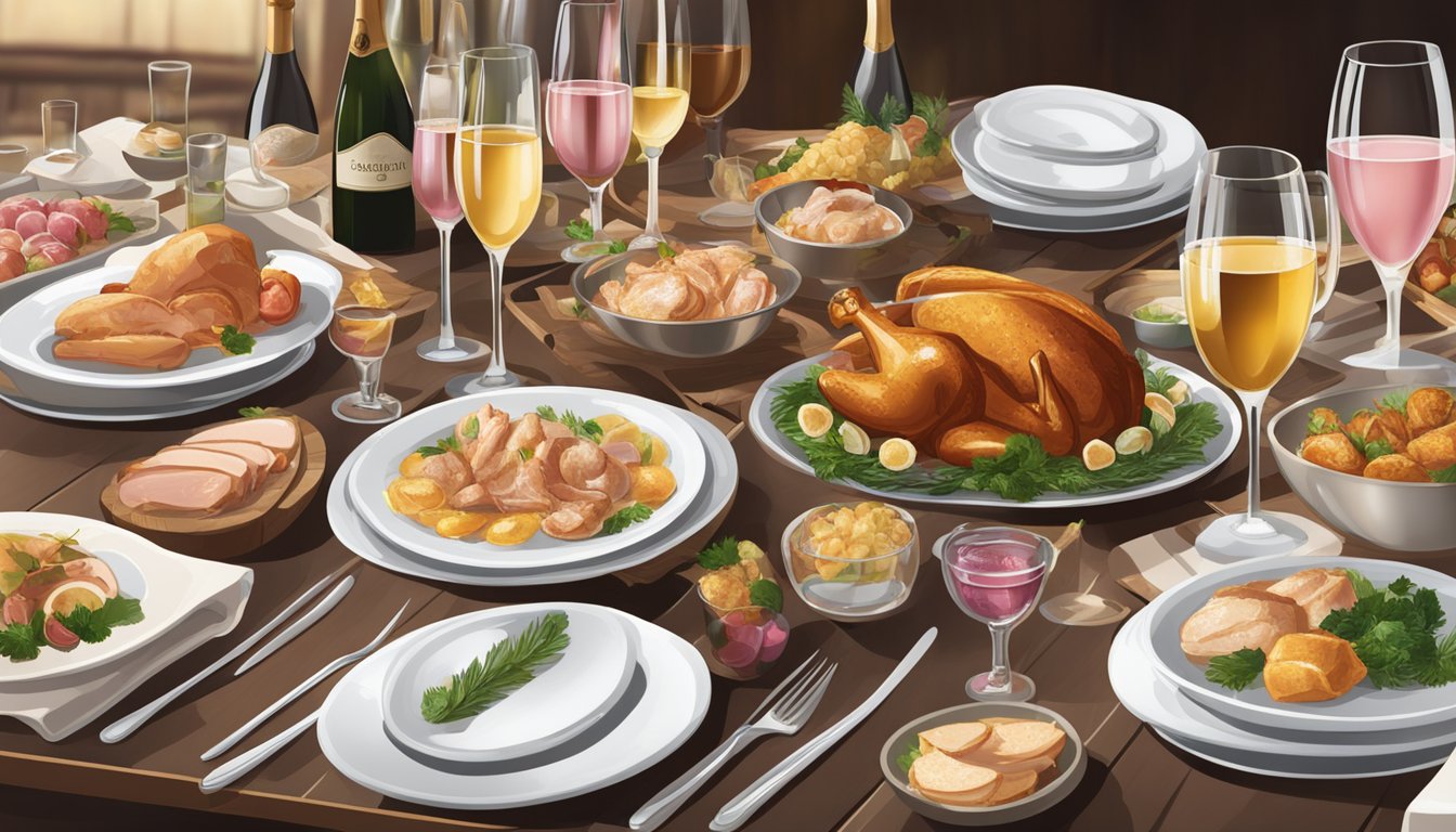 A table set with a variety of sparkling wines and rosés, alongside plates of white meat dishes such as chicken and turkey