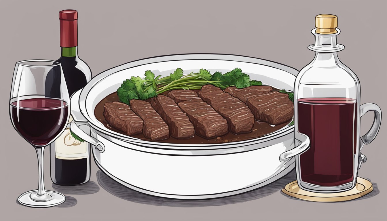 A steaming pot of braised beef with red wine sauce next to a bottle of rich, full-bodied red wine