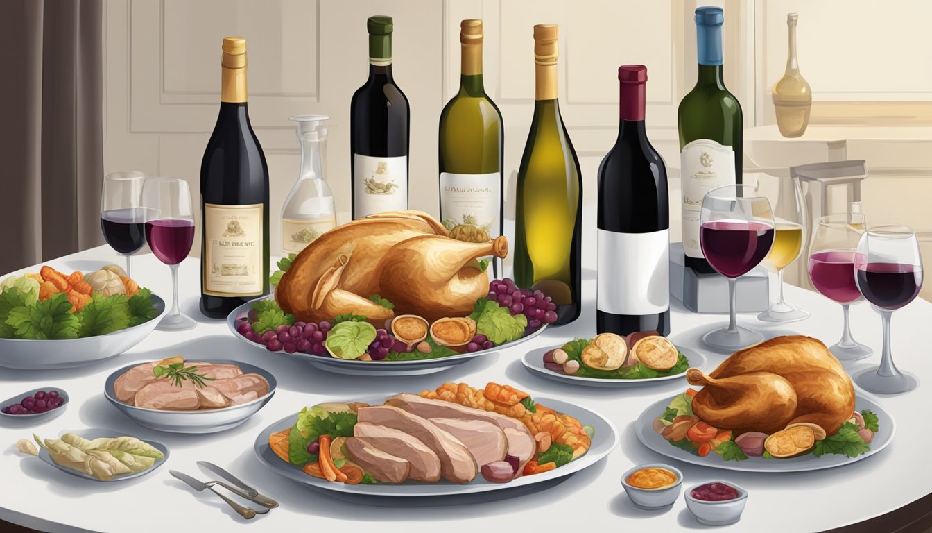 A table set with a platter of white meat, surrounded by various bottles of wine from around the world