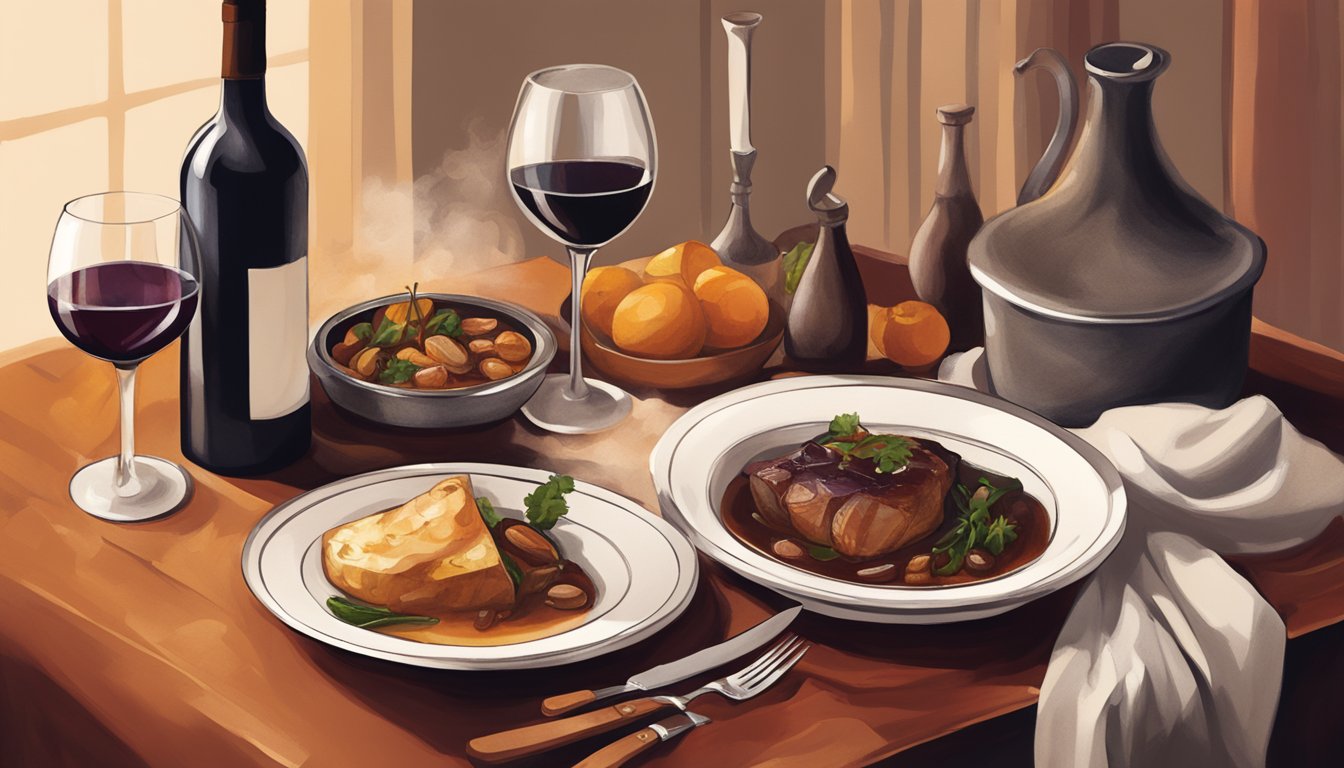 A table set with a steaming braised dish, a bottle of red wine, and a glass, surrounded by rich, earthy colors and warm lighting