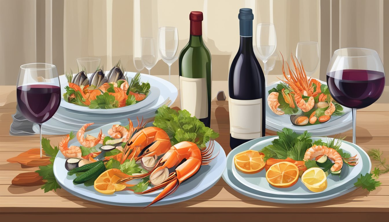 A table set with a variety of grilled seafood and vegetables, accompanied by a bottle of wine and wine glasses