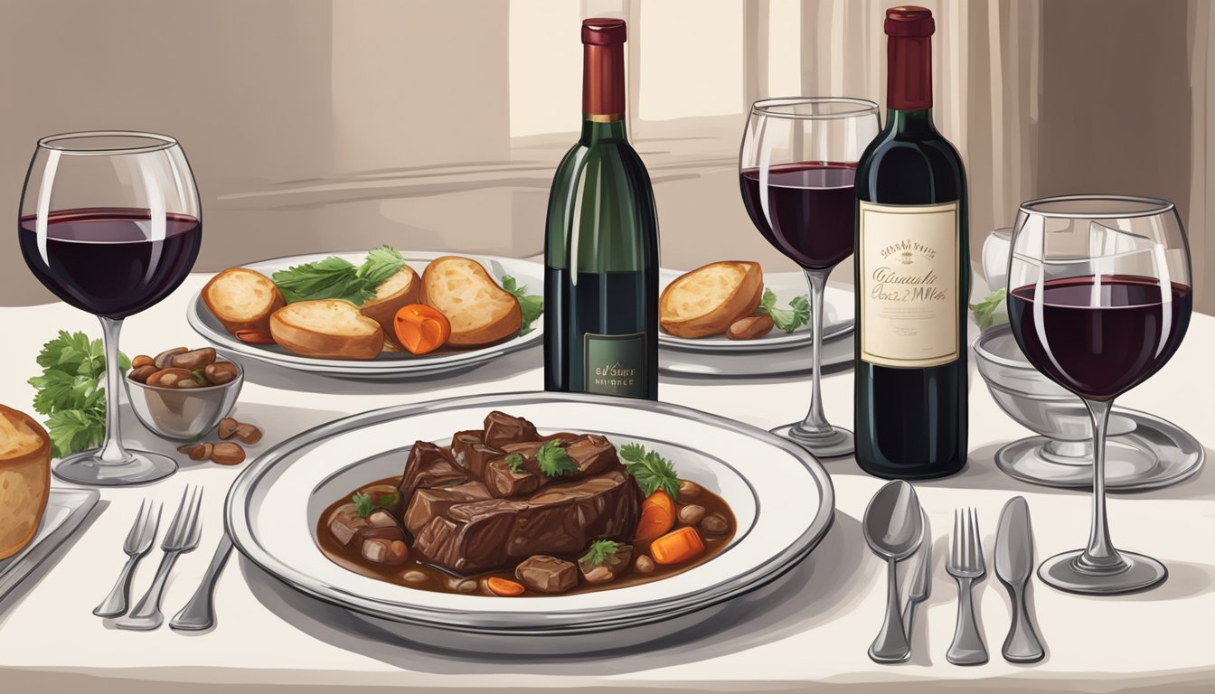 A table set with a hearty beef stew, a bottle of red wine, and elegant wine glasses