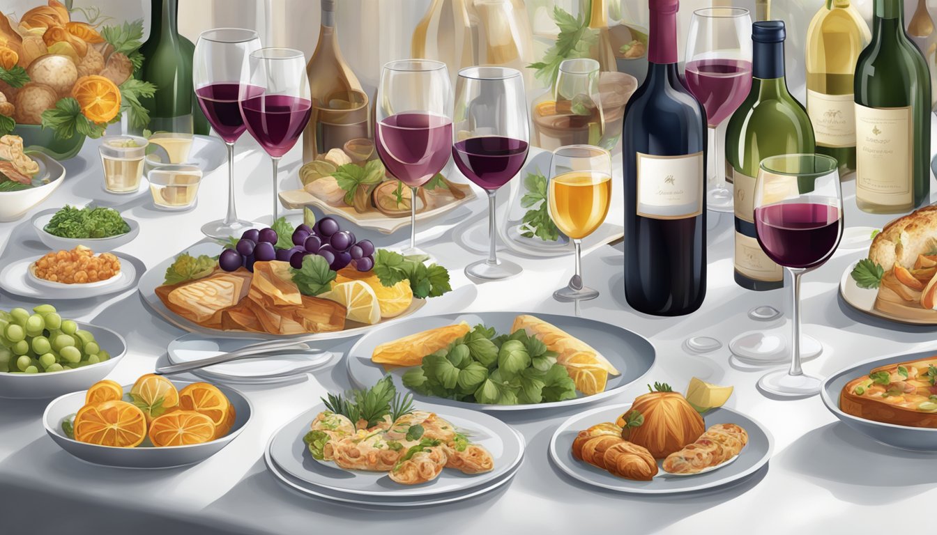 A table set with an array of rich, savory dishes alongside a selection of various wines in elegant glassware