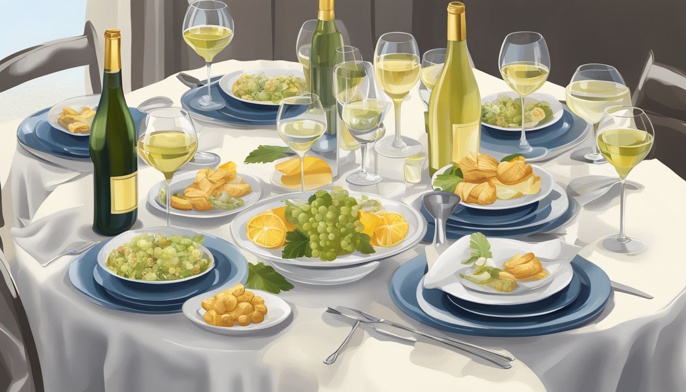 A table set with delicate dishes, accompanied by a selection of white wines