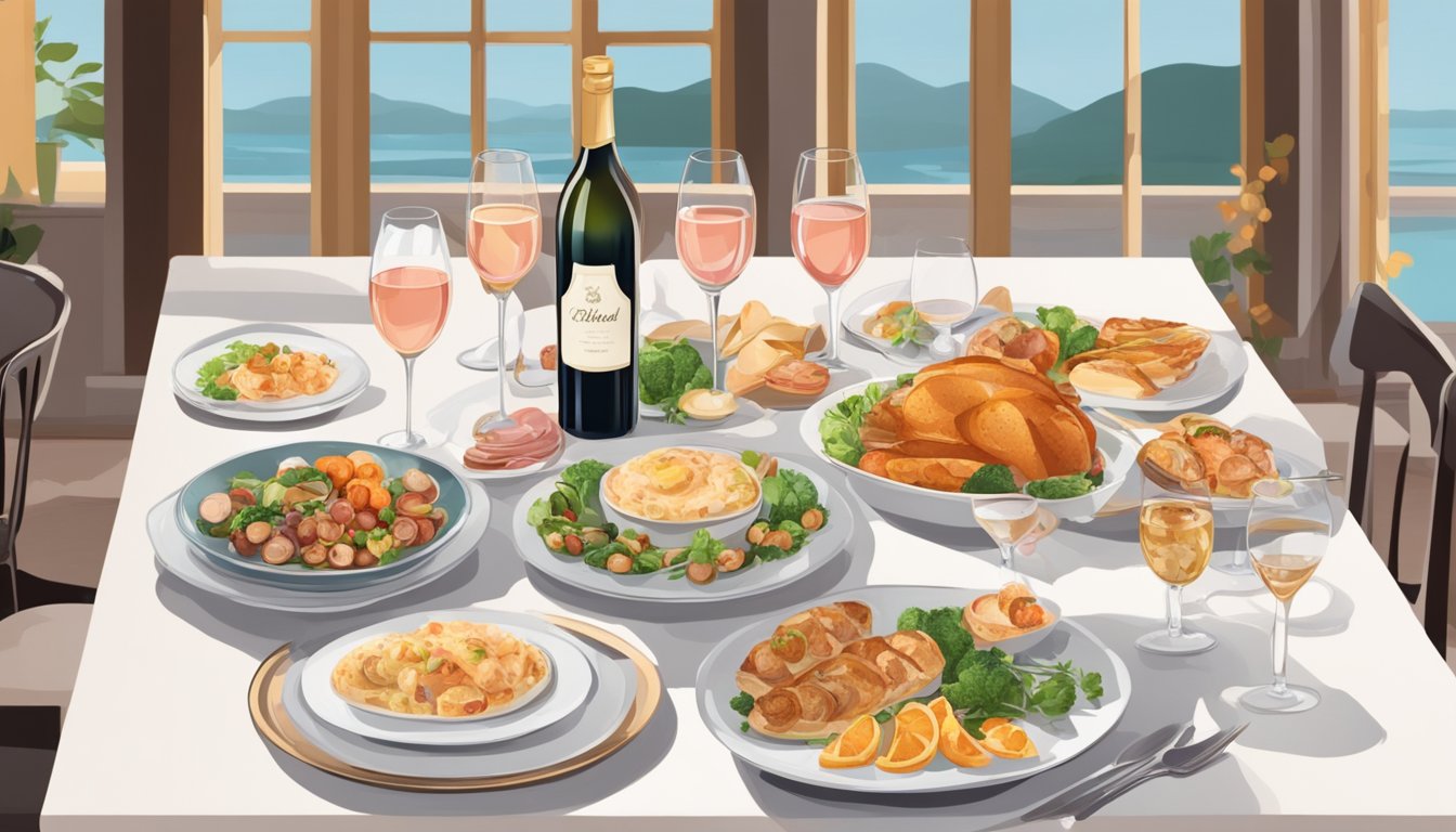 A table set with a variety of rich dishes, accompanied by a bottle of rosé and sparkling wine