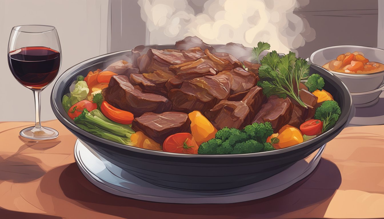 A steaming bowl of stewed meat and vegetables sits beside a glass of rich red wine, the aroma of both mingling in the air