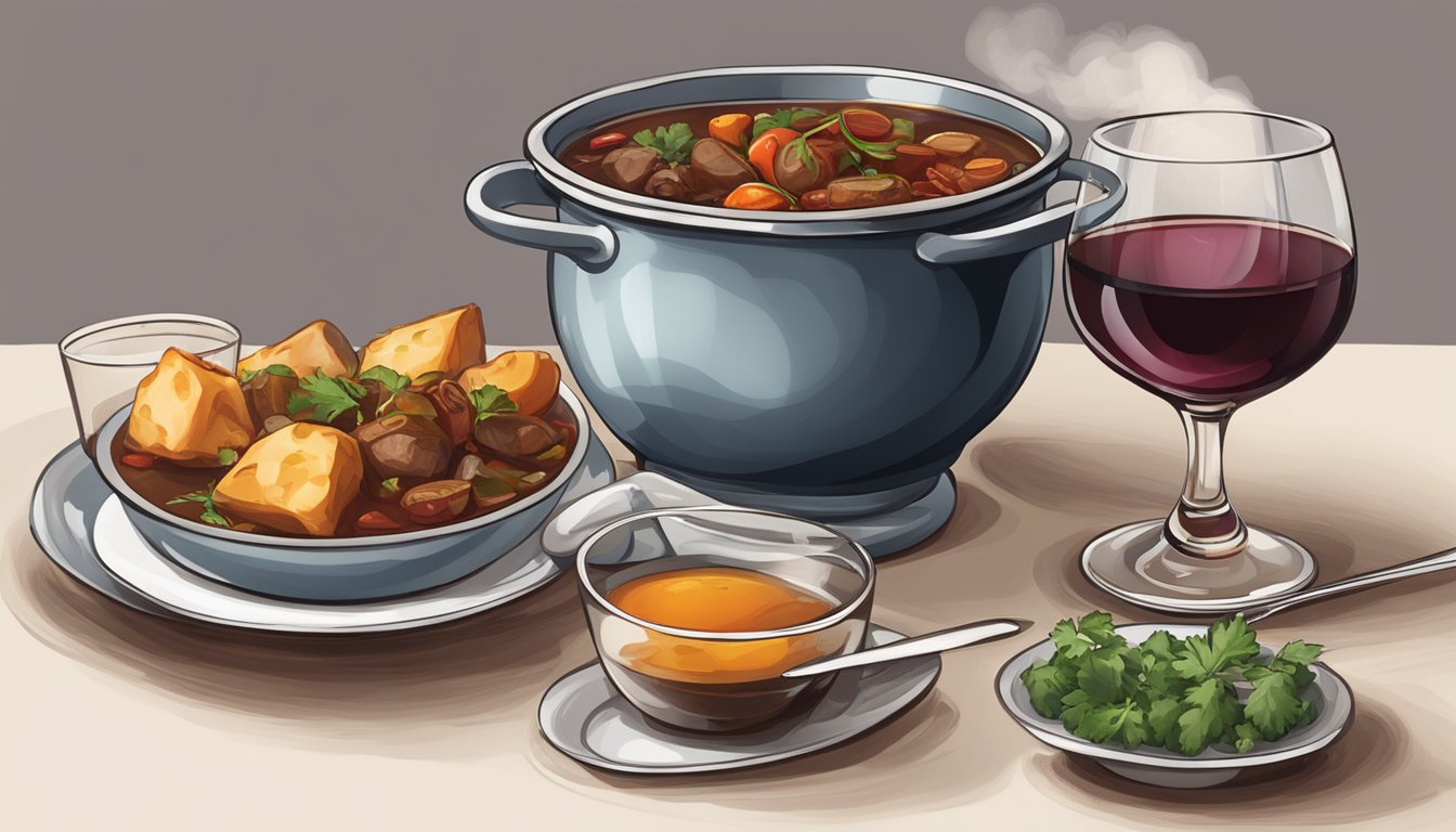 A table set with a steaming bowl of stew and a glass of red wine