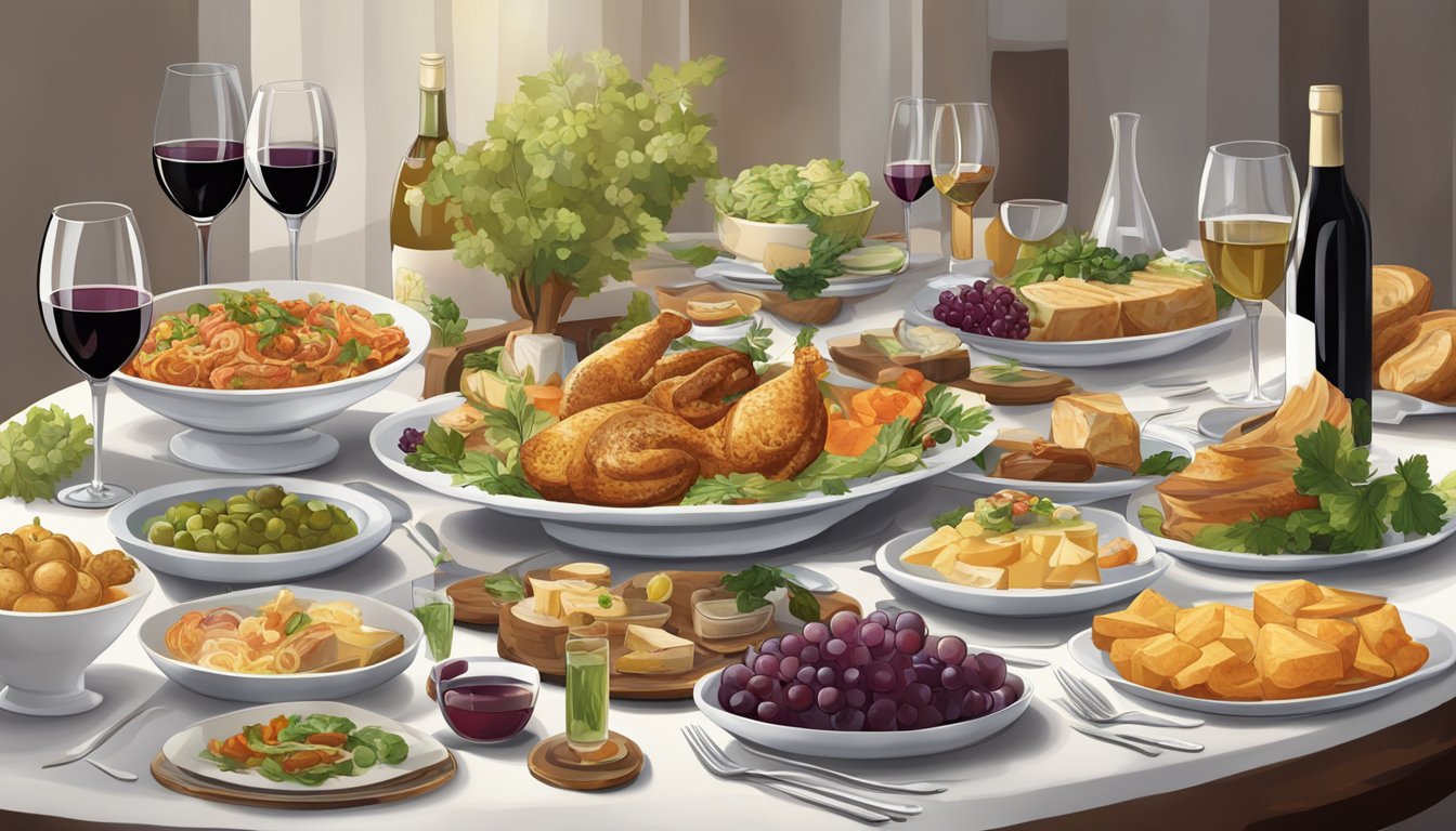 A table set with a spread of rich, savory dishes paired with a selection of fine wines