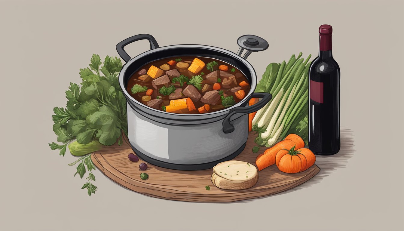 A pot of hearty stew simmers on a stove, surrounded by fresh vegetables, herbs, and a bottle of red wine