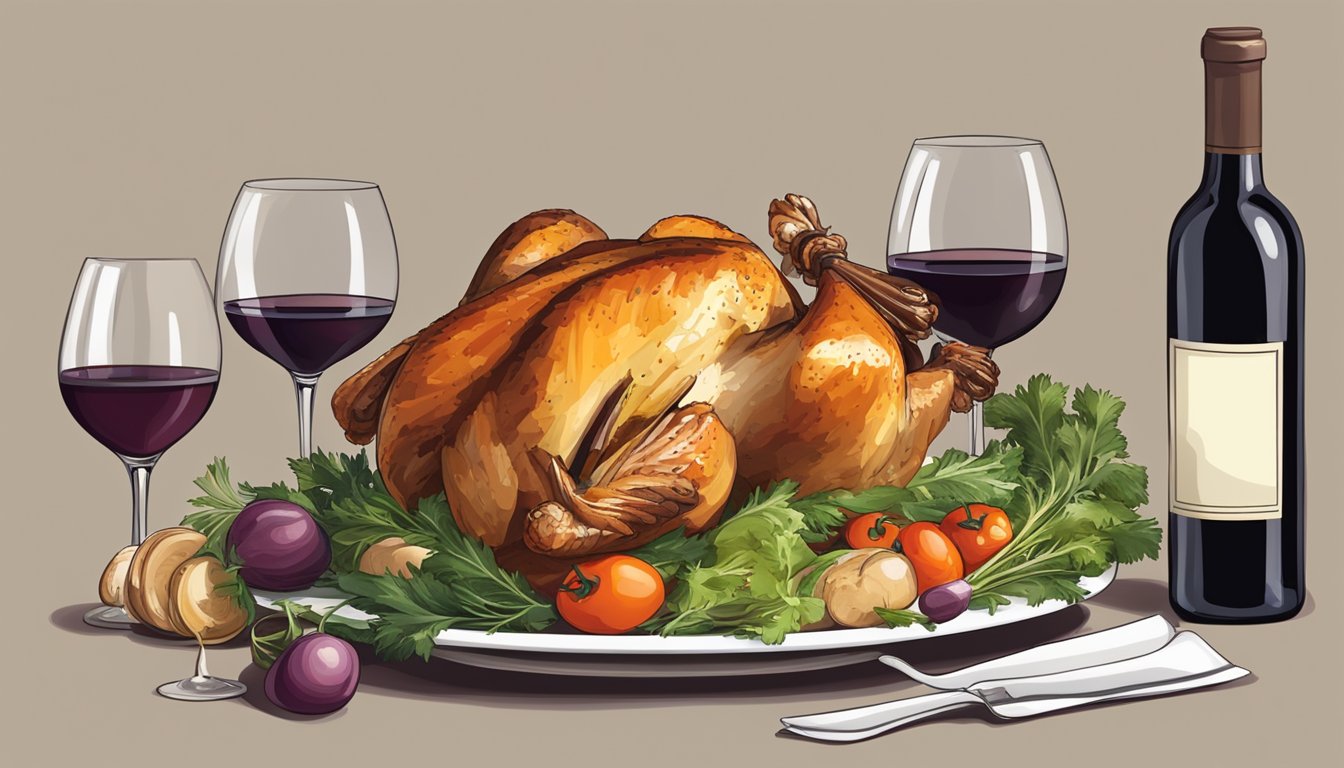 A table set with a roasted chicken, vegetables, and a bottle of red wine