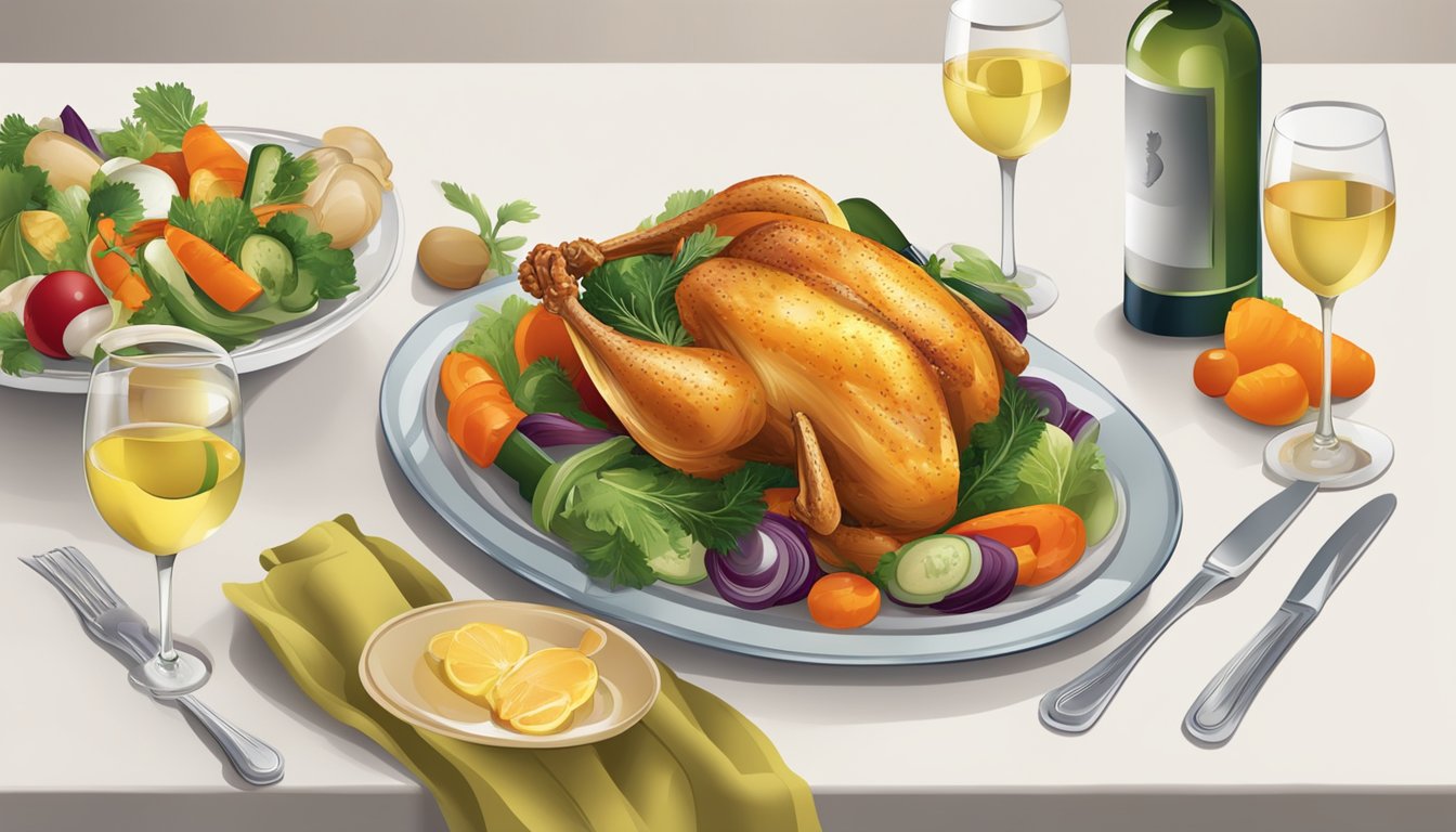 A table set with a roasted chicken, vegetables, and a glass of white wine