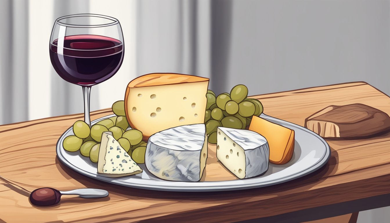 A glass of red wine beside a plate of soft cheeses on a wooden board