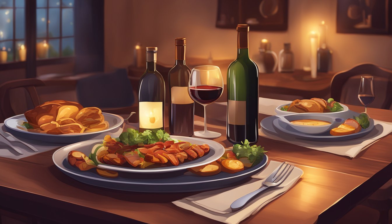 A table set with a platter of roasted dishes and a bottle of red wine, surrounded by warm lighting and cozy ambiance