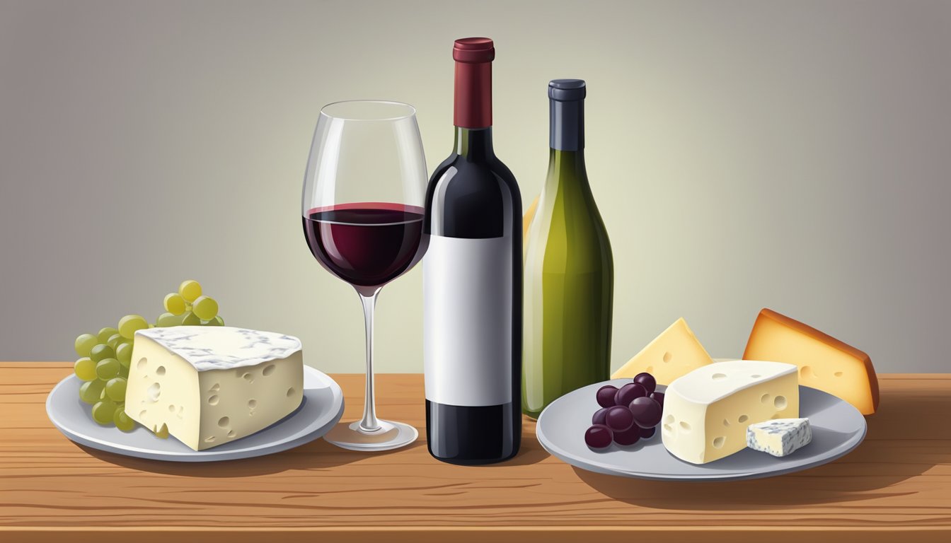 A bottle of red wine and a plate of soft cheeses on a wooden table