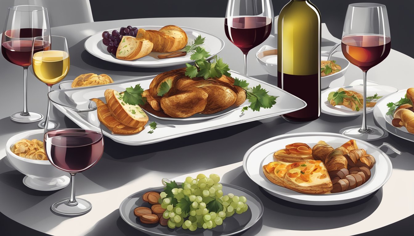 A table set with a platter of roasted dishes, surrounded by glasses of red and white wine