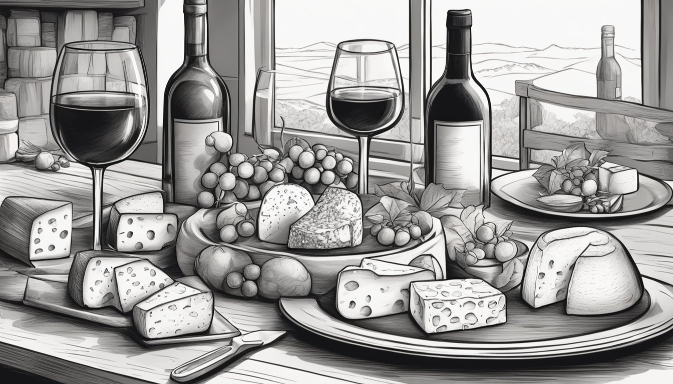 A table set with a variety of semi-soft and stinky cheeses, accompanied by a selection of wine bottles, with glasses ready to be poured