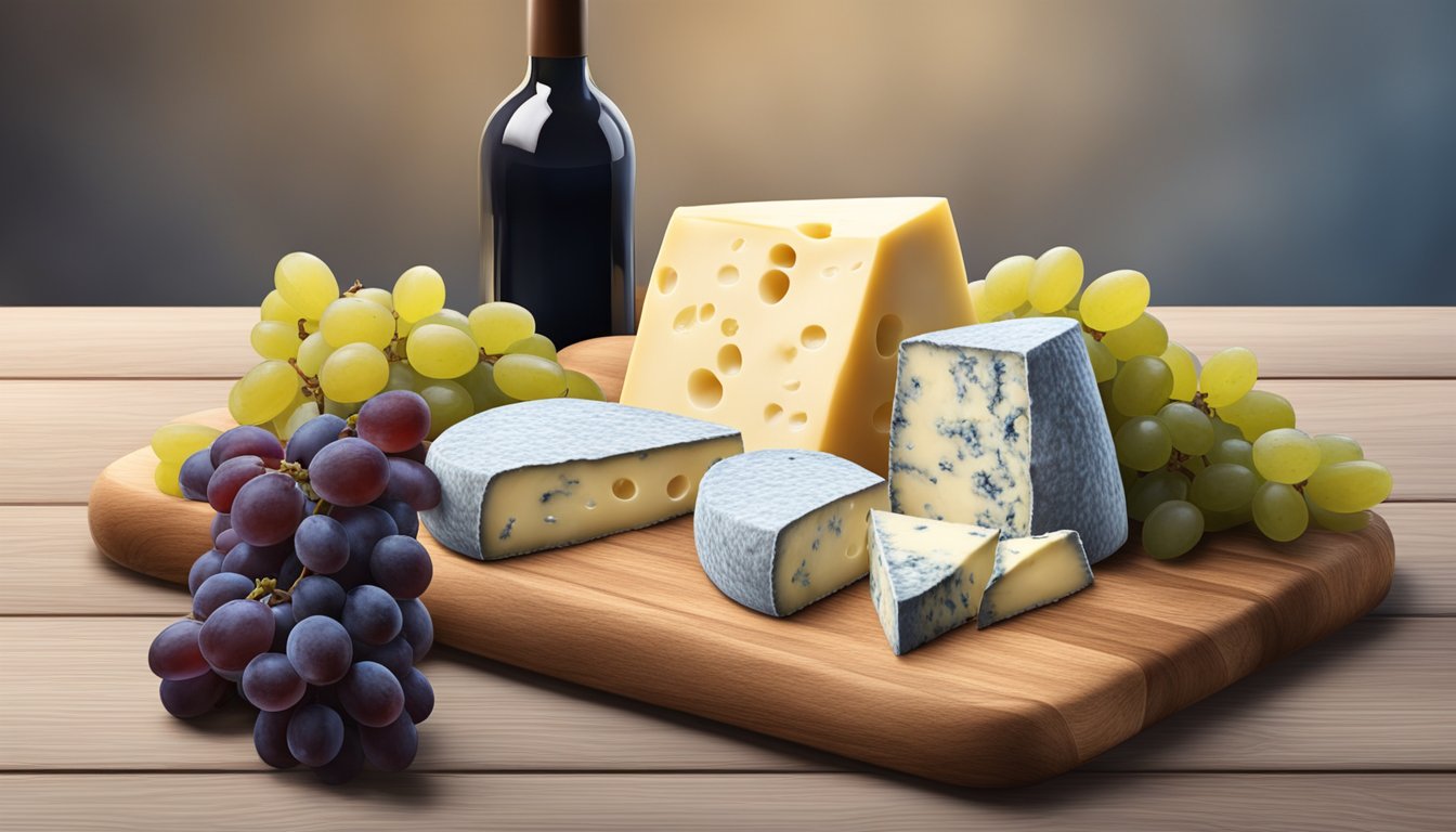 A rustic wooden cheese board with a variety of soft blue cheeses, accompanied by a bottle of red wine and a bunch of grapes