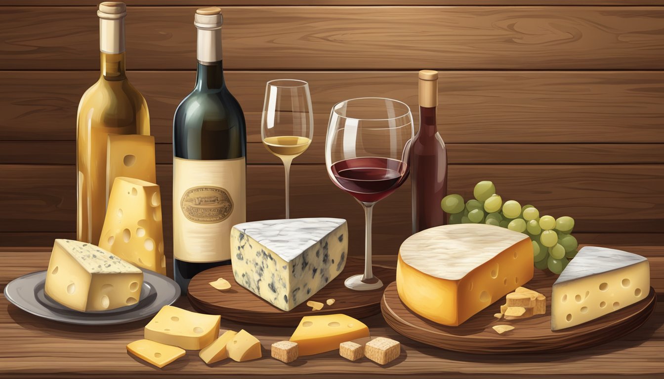 A rustic wooden table set with an assortment of hard and aged cheeses, accompanied by a variety of wine bottles and glasses