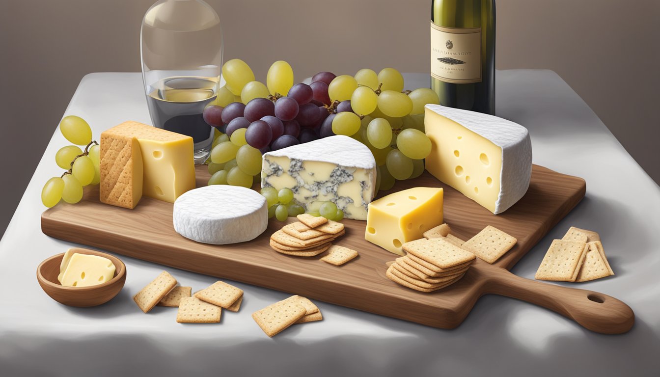 A cheese board with soft cheeses, grapes, and crackers, paired with a bottle of white wine