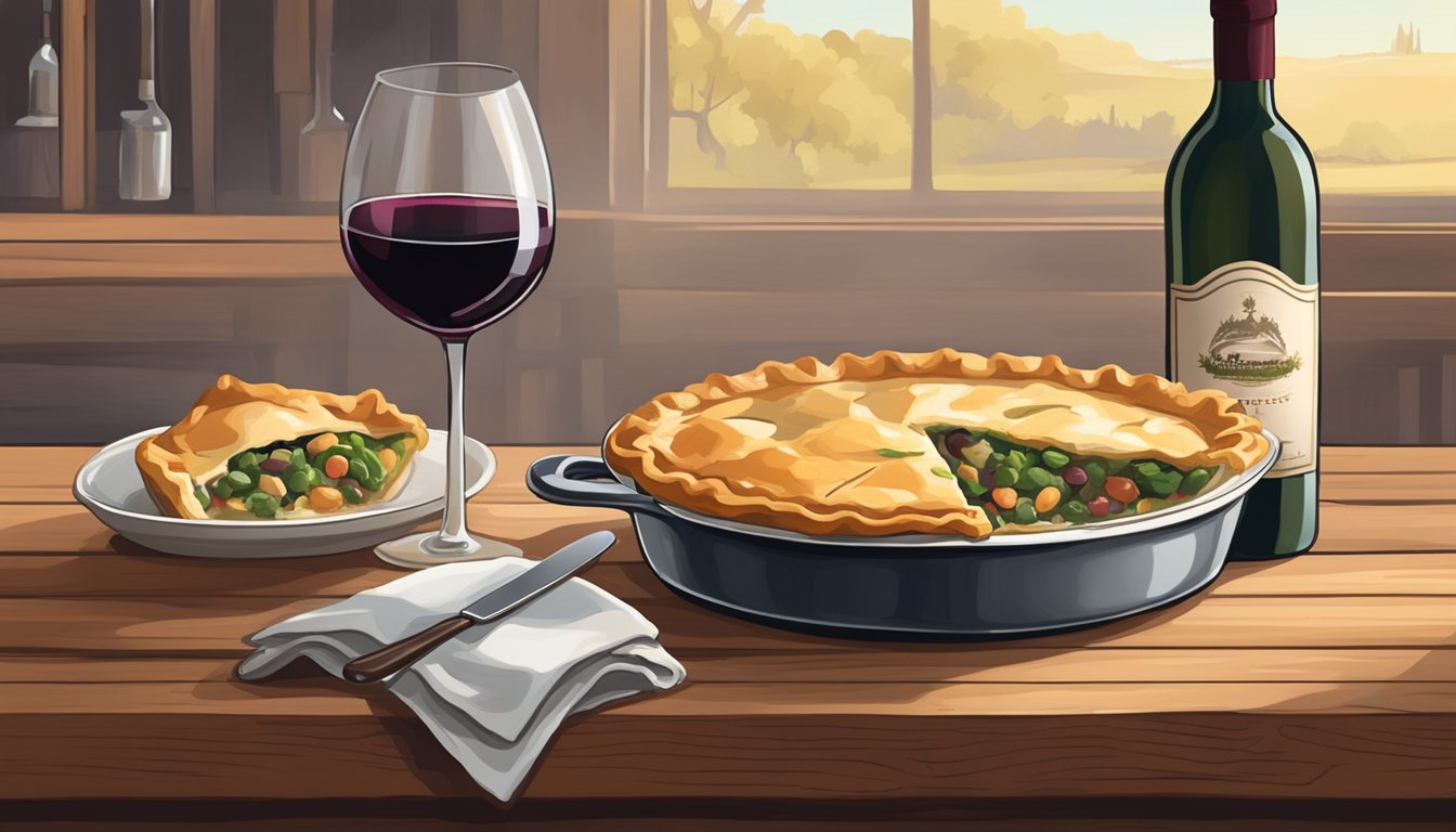 A steaming chicken pot pie sits on a rustic wooden table next to a bottle of rich, velvety red wine