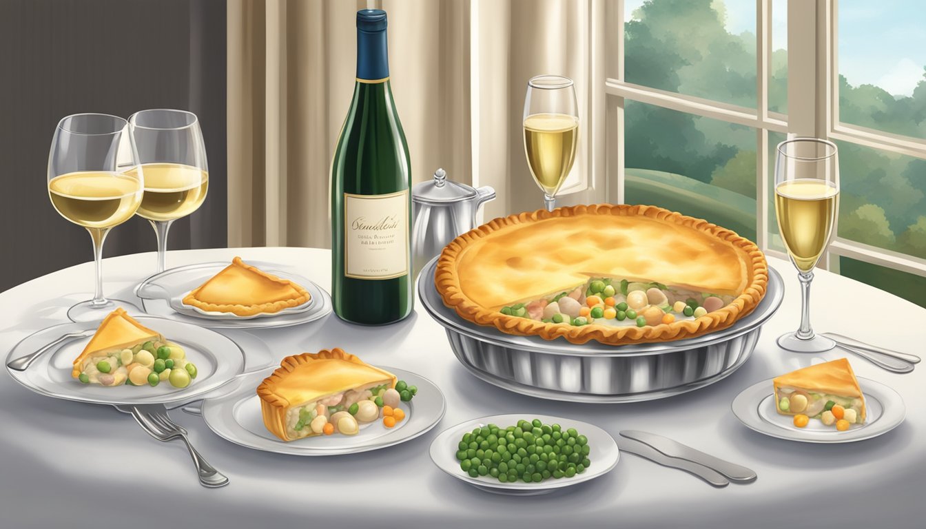 A table set with a steaming chicken pot pie, accompanied by a selection of sweet and sparkling wines in elegant glasses