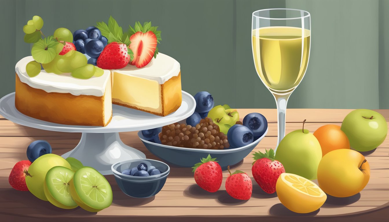 A glass of sweet white wine next to a bowl of assorted fresh fruit desserts on a wooden table