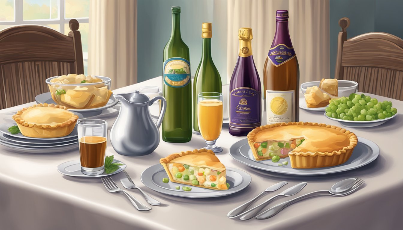 A table set with a steaming chicken pot pie and a variety of non-alcoholic beverages, including a bottle of sparkling grape juice and a pitcher of iced tea