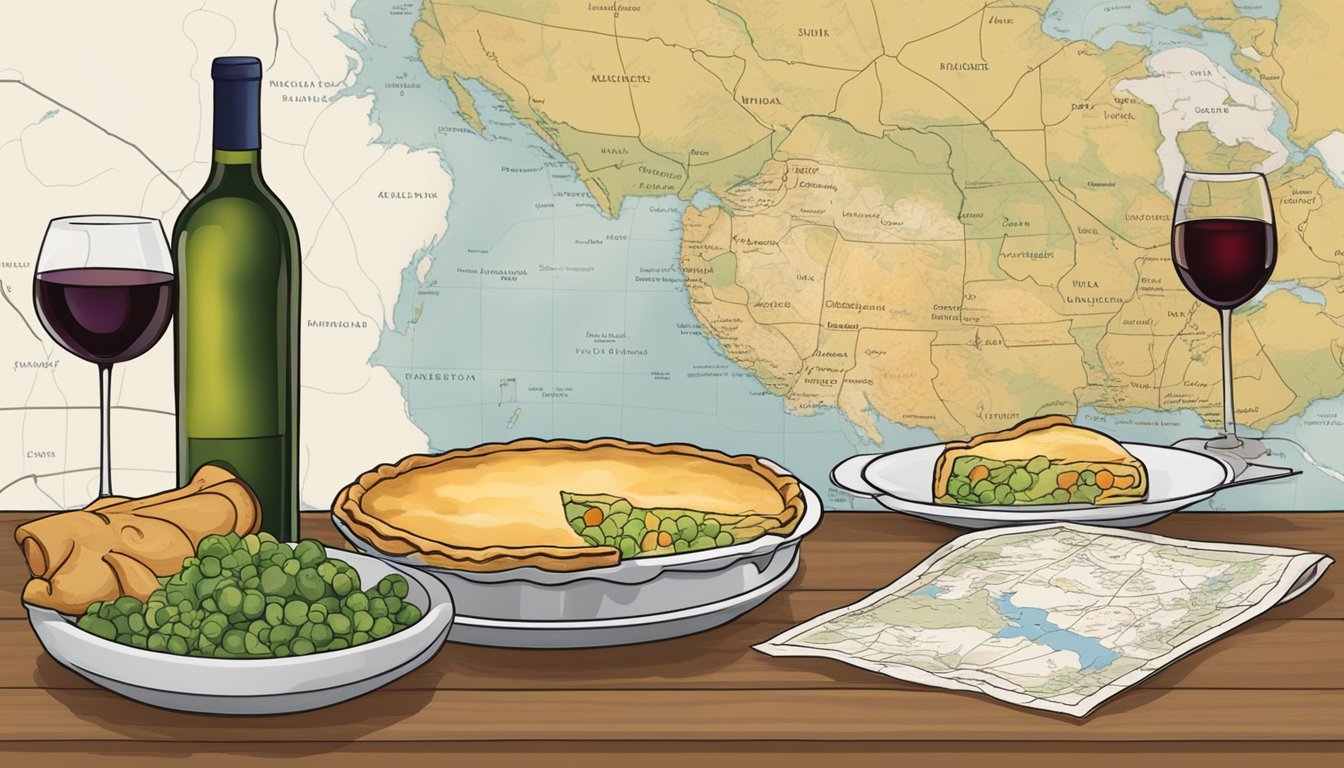 A cozy kitchen table set with a steaming chicken pot pie, a bottle of white wine, and a map of wine regions