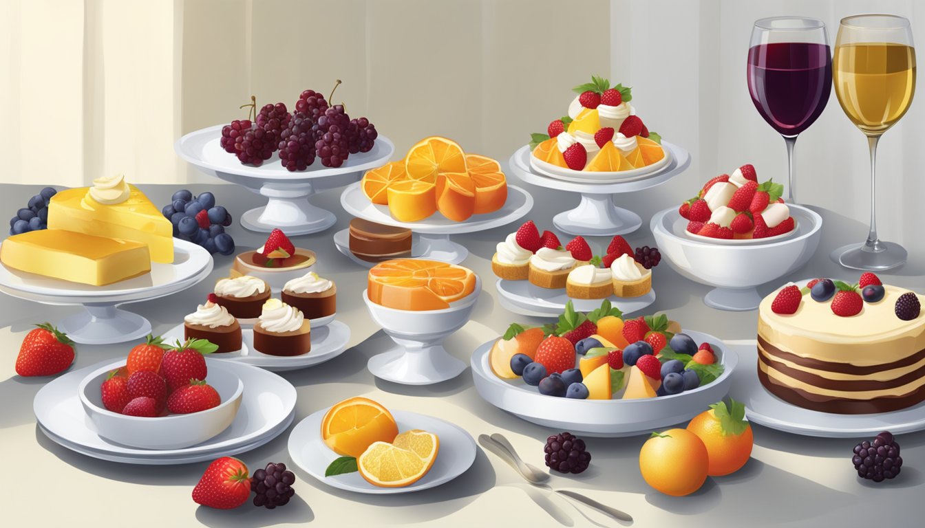 A table set with a variety of fruit-based desserts alongside glasses of red and white wine