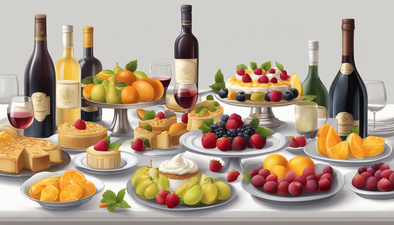 A table set with assorted fruit-based desserts, surrounded by bottles of regional dessert wines