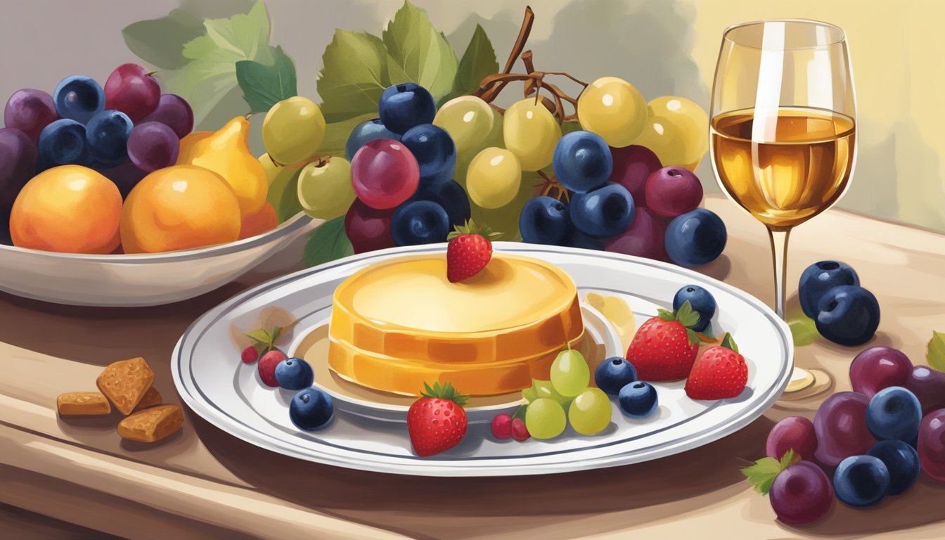 A bottle of sweet dessert wine sits next to a platter of assorted fresh fruit. A wine glass is filled with a golden-hued wine, ready to be enjoyed with the sweet treats