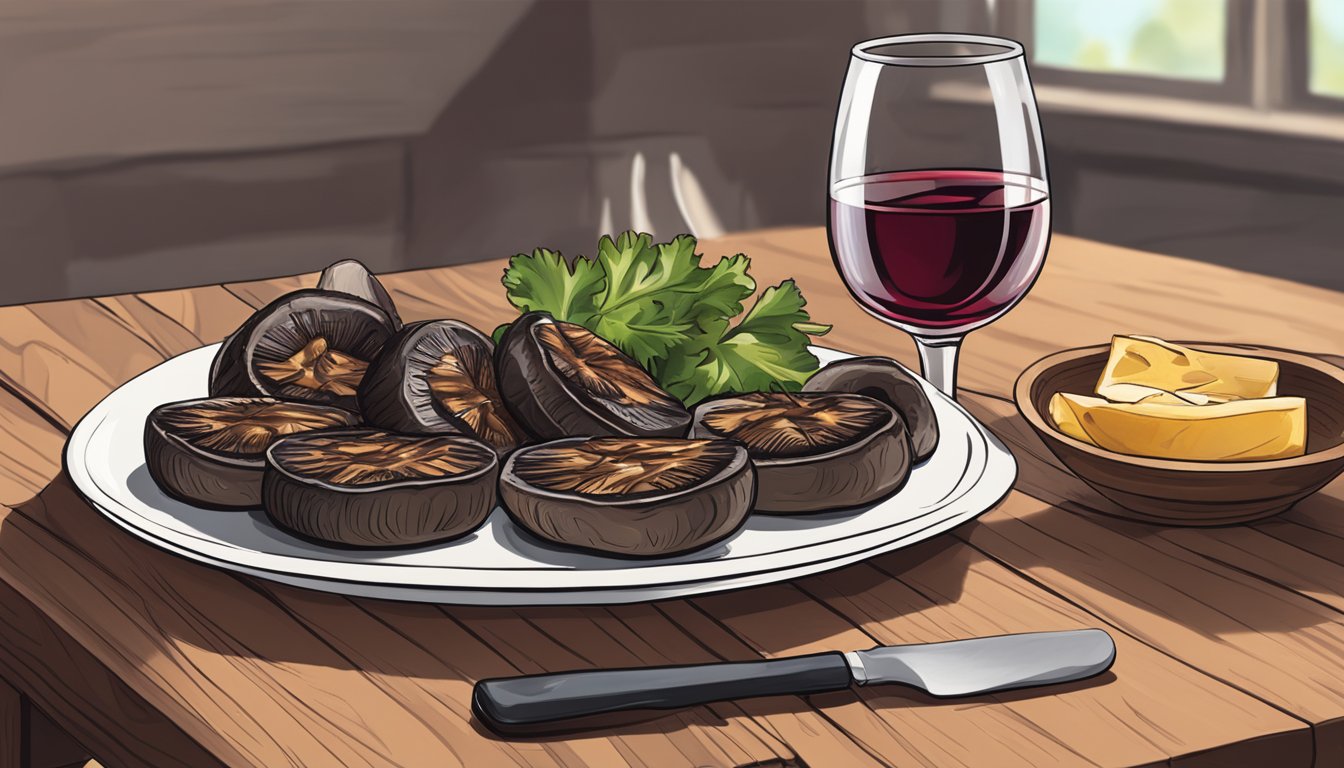 A plate of grilled portobello mushrooms with a glass of red wine on a wooden table